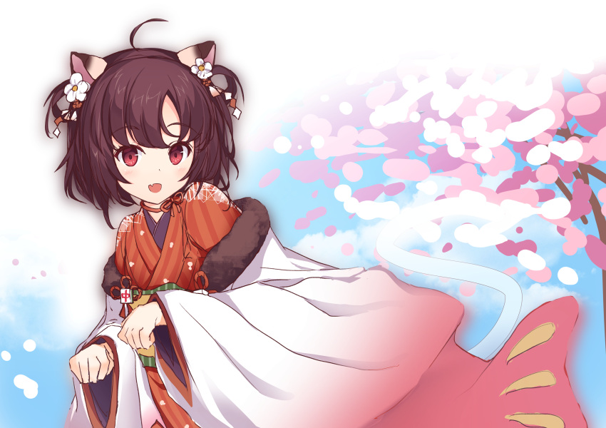 1girl :d absurdres ahoge animal_ears brown_hair cat_ears cat_girl cherry_blossoms coat cowboy_shot dice_choco fang flat_chest fur_coat highres ichihime japanese_clothes kimono long_sleeves looking_at_viewer mahjong_soul mahjong_tile medium_bangs neck_ribbon off_shoulder open_mouth orange_kimono paw_pose pink_coat red_eyes red_ribbon ribbon short_hair skin_fang smile solo striped_clothes striped_kimono