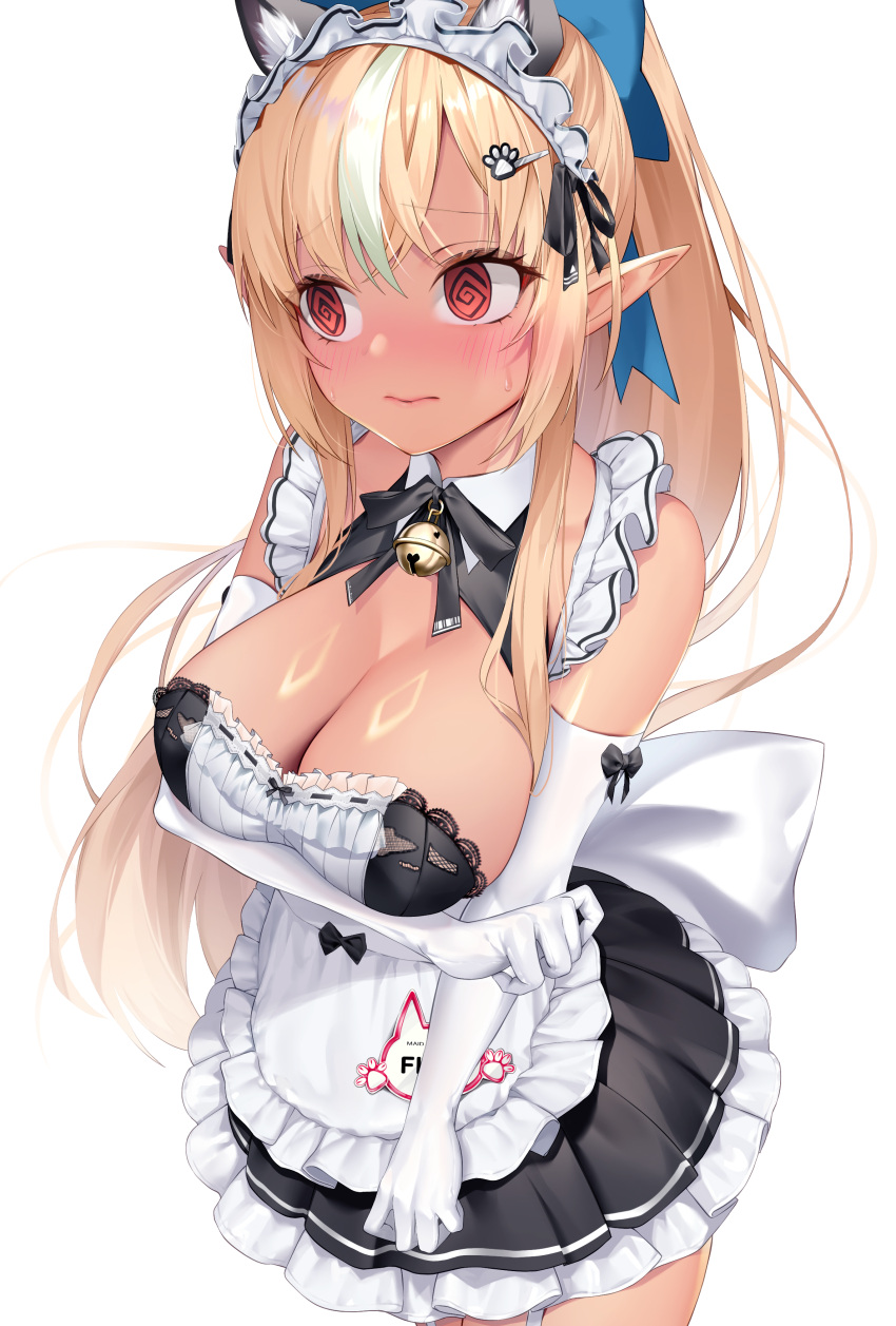 1girl @_@ absurdres alternate_costume animal_ears arm_under_breasts back_bow bell blonde_hair blush bow breasts cat_ears cleavage closed_mouth commission cowboy_shot dark-skinned_female dark_skin dress elbow_gloves embarrassed enmaided garter_straps gloves highres hololive jingle_bell kemonomimi_mode kurogane_tekki lace-trimmed_dress lace_trim large_breasts long_hair looking_ahead maid maid_headdress multicolored_hair neck_bell orange_eyes paw_hair_ornament pointy_ears ponytail shiranui_flare simple_background skeb_commission solo streaked_hair virtual_youtuber white_background