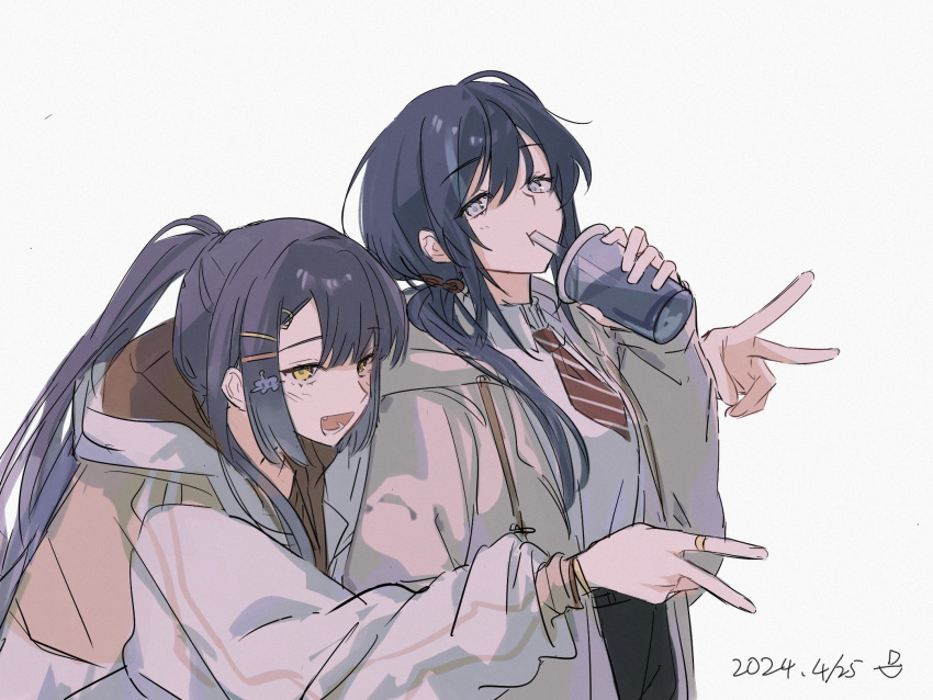 2girls black_hair blush brown_shirt chuanzhoujikou cowboy_shot dated double_v drink drinking drinking_straw grey_eyes grey_jacket hair_between_eyes hair_ornament hairpin highres holding holding_drink hood hood_down hooded_jacket jacket leaning_forward long_bangs long_hair long_sleeves low-tied_long_hair multiple_girls necktie nijisanji open_clothes open_jacket open_mouth ponto_nei ponytail purple_hair red_necktie shirt sidelocks sideways_glance simple_background smile striped_necktie umise_yotsuha v virtual_youtuber white_background yellow_eyes