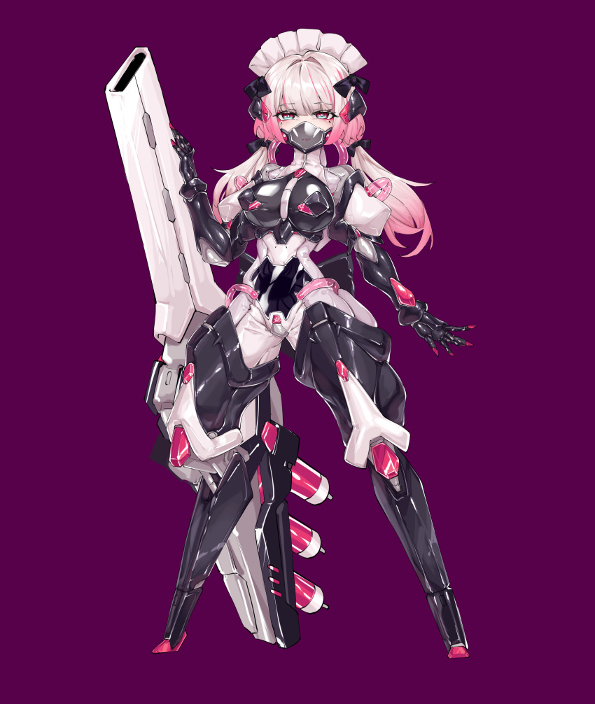 1girl absurdres blue_eyes bodysuit breasts cannon digitigrade exoskeleton full_body highres huge_weapon jian_xuanyuan large_breasts latex long_hair looking_at_viewer low_twintails mask mecha_musume mechanical_arms mechanical_legs mouth_mask original pasties pink_hair purple_background second-party_source shiny_clothes skin_tight solo standing stealth_bondage twintails variant_set weapon