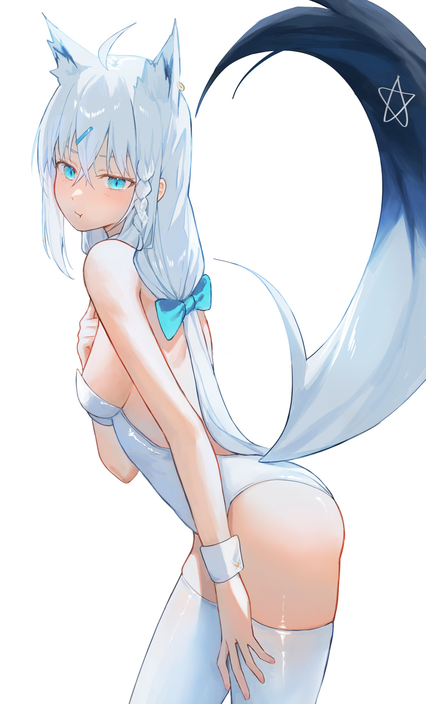 1girl :t absurdres ahoge alternate_costume animal_ear_fluff animal_ears ass blue_eyes blush braid breasts colored_tips cowboy_shot crossed_bangs extra_ears fox_ears fox_girl fox_tail from_side hair_between_eyes hair_ornament hairclip hand_on_own_chest hand_on_own_leg highres hololive kaze_22 long_hair looking_at_viewer low-tied_long_hair medium_breasts multicolored_hair playboy_bunny pout shirakami_fubuki simple_background solo tail thighhighs virtual_youtuber white_background white_hair white_thighhighs wrist_cuffs