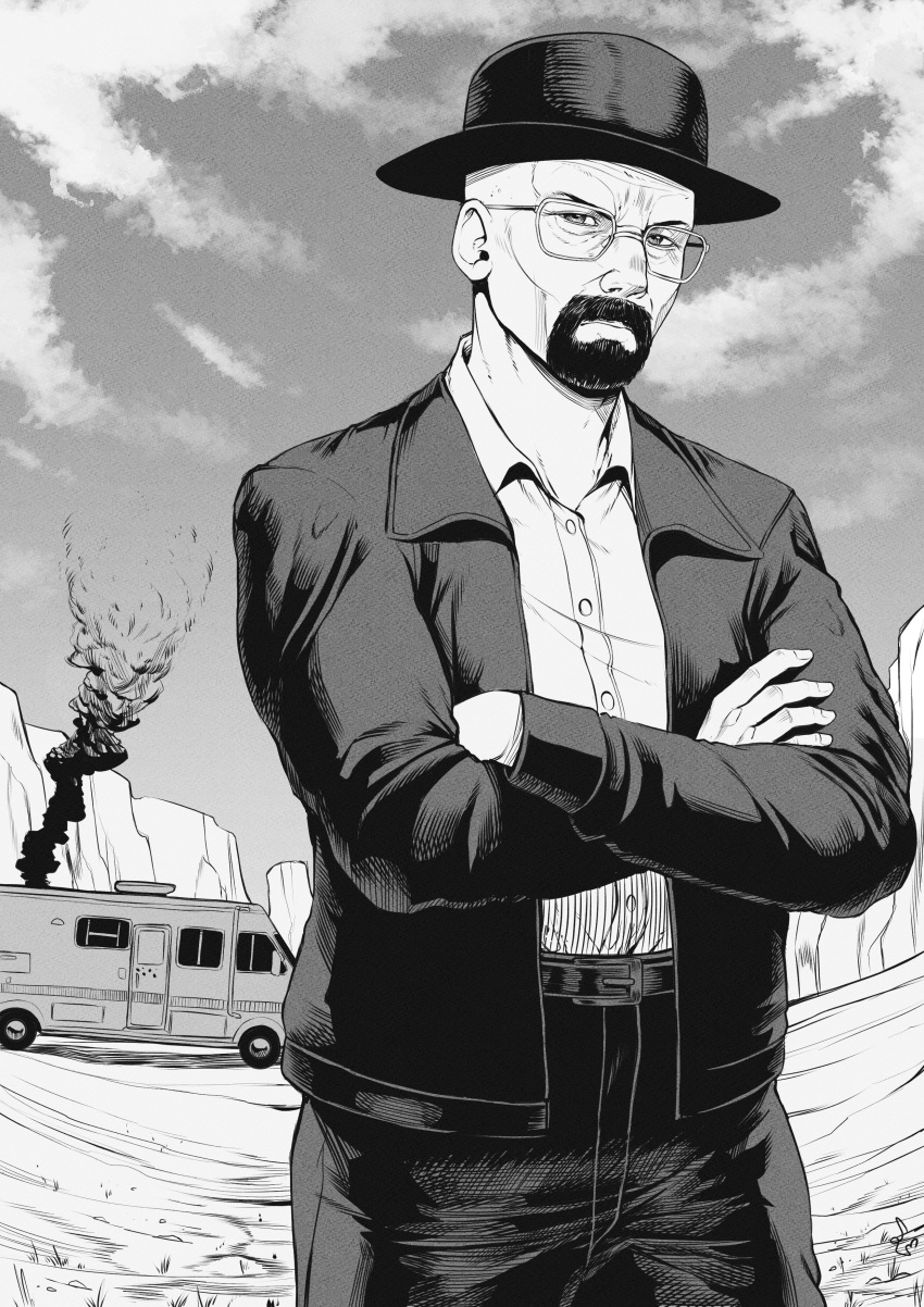 1boy absurdres breaking_bad cloud commentary crossed_arms facial_hair glasses goatee greyscale hat highres jacket male_focus mature_male monochrome pants rv signature smoke solo speedl00ver upper_body walter_white