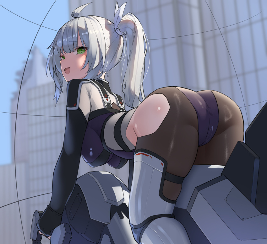 1girl absurdres ass ass_focus bent_over black_pantyhose bodysuit breasts cityscape cockpit commentary commentary_request commission fingerless_gloves gloves green_eyes hair_ribbon highres large_breasts leotard looking_at_viewer mole original pantyhose pilot_suit ponytail ribbon ringobatake second-party_source shiny_pantyhose shiny_skin skeb_commission smug solo variant_set white_hair white_ribbon