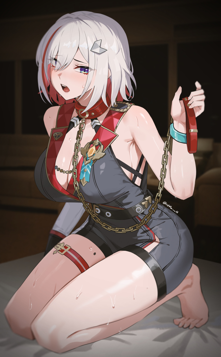 1girl absurdres bare_shoulders black_gloves blue_eyes breasts cleavage colored_inner_hair gloves hair_ornament highres honkai:_star_rail honkai_(series) large_breasts leash looking_at_viewer multicolored_hair nvl red_hair short_hair smile solo streaked_hair sweat thigh_strap thighs topaz_(honkai:_star_rail) two-tone_hair white_hair