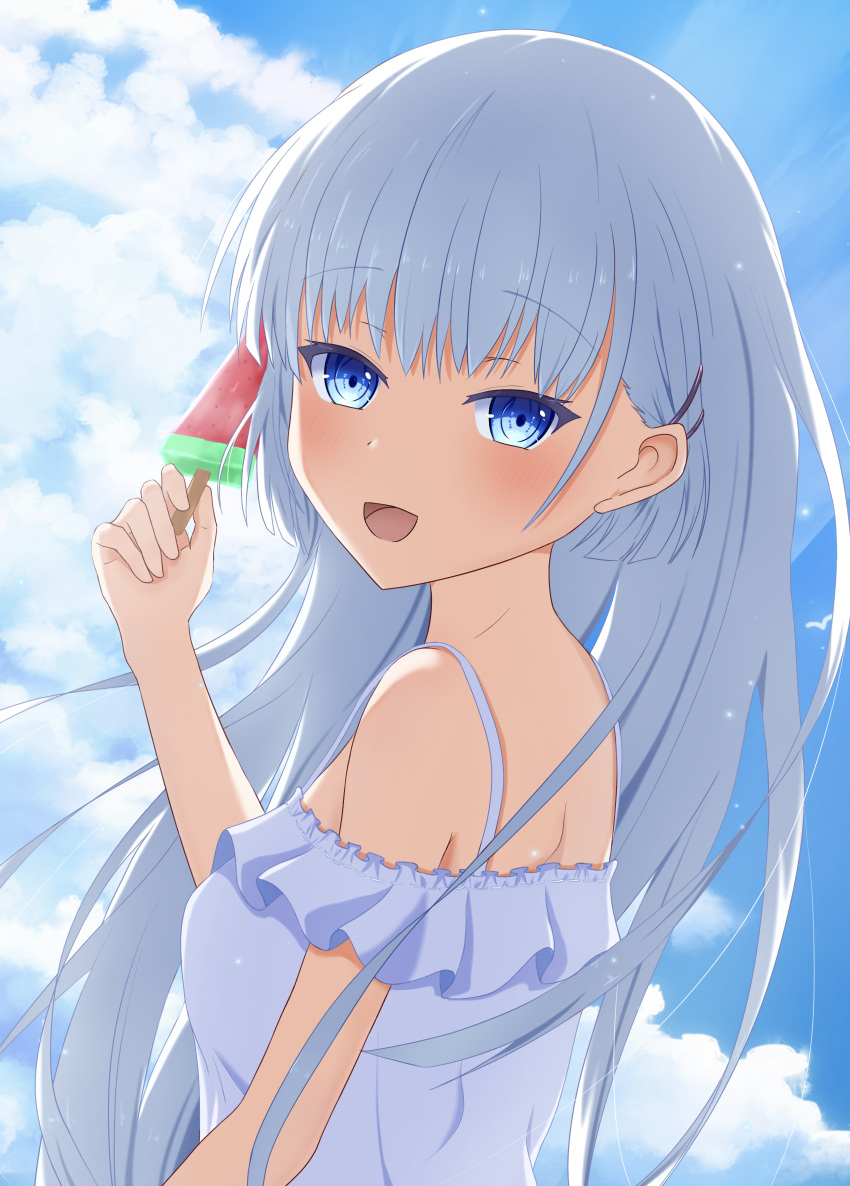 1230_mochi 1girl absurdres blue_eyes blue_hair blush cloud food hair_ornament hairclip highres holding holding_food holding_ice_cream ice_cream long_hair looking_at_viewer naruse_shiroha smile solo summer summer_pockets