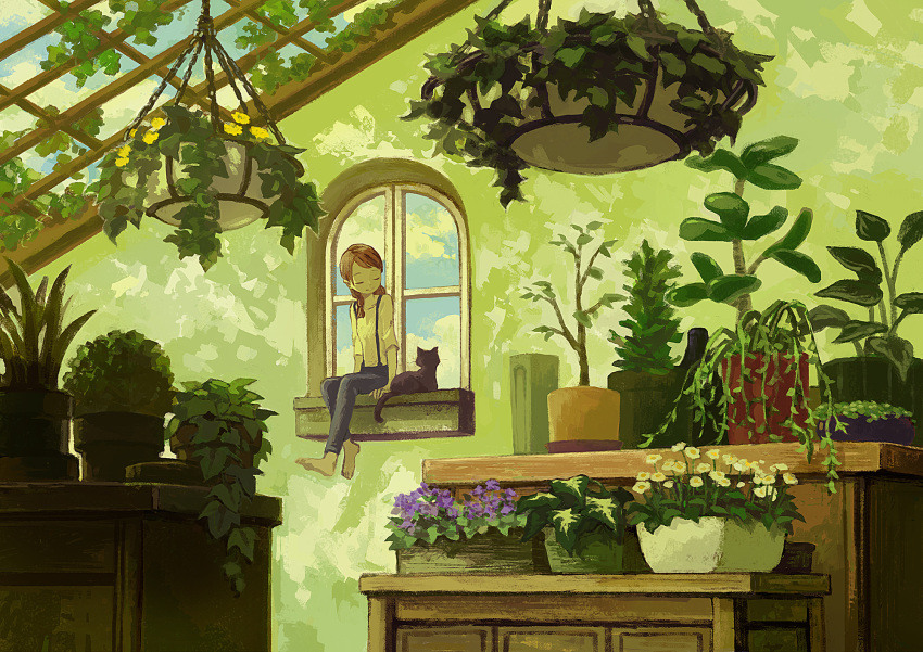 1girl barefoot black_cat blue_sky brown_hair cat closed_eyes cloud commentary_request day flower green_theme hanging_plant highres indoors leaf monaka_(siromona) original overalls pants plant potted_plant purple_flower scenery sitting sky smile solo tree white_flower wide_shot window windowsill yellow_flower