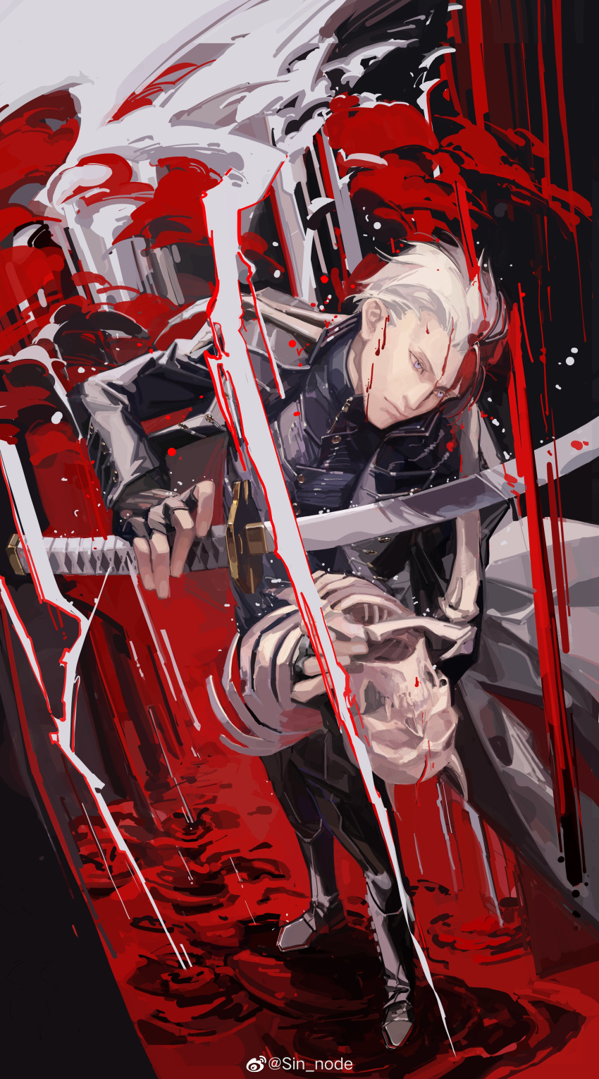 1boy absurdres blood blood_on_face blue_coat blue_eyes bone closed_mouth coat devil_may_cry_(series) devil_may_cry_5 fingerless_gloves gloves hair_slicked_back highres holding holding_sword holding_weapon katana male_focus red_theme sin_node skeleton solo sword vergil_(devil_may_cry) weapon white_hair yamato_(sword)