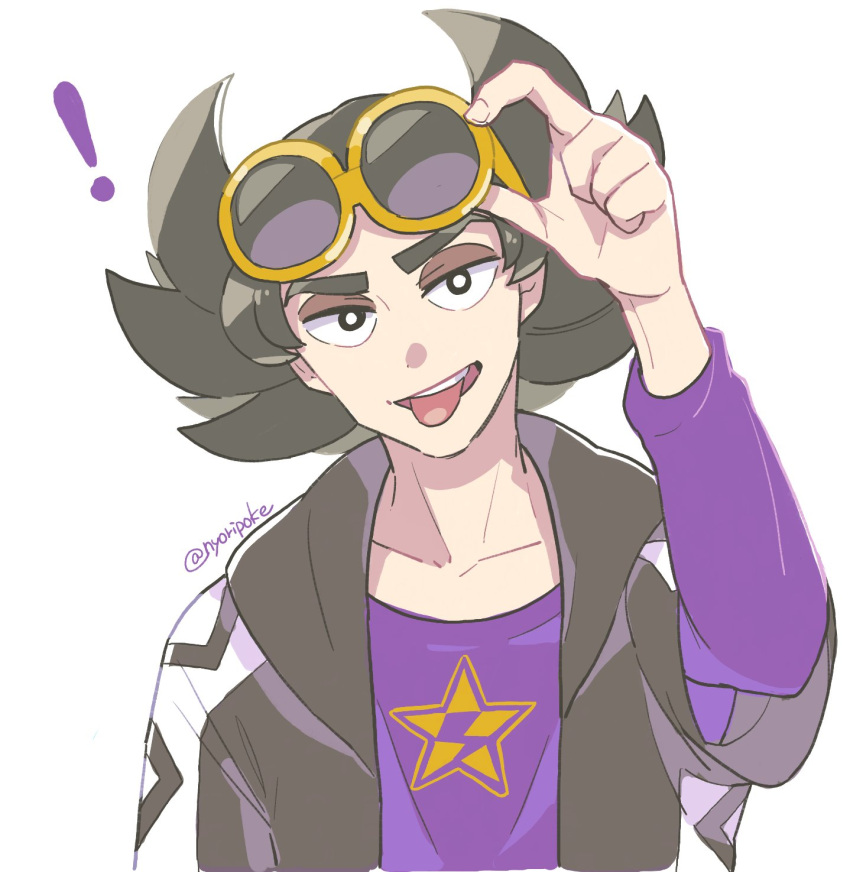 ! 1boy arm_up black_eyes bright_pupils collarbone commentary_request cosplay eyeshadow eyewear_on_head giacomo_(pokemon) guzma_(pokemon) guzma_(pokemon)_(cosplay) highres jacket looking_at_viewer makeup male_focus nyoripoke open_mouth pointy_hair pokemon pokemon_sm pokemon_sv purple_shirt shirt smile solo star_(symbol) star_print sunglasses teeth tongue tongue_out twitter_username upper_body upper_teeth_only white_background white_pupils yellow-framed_eyewear