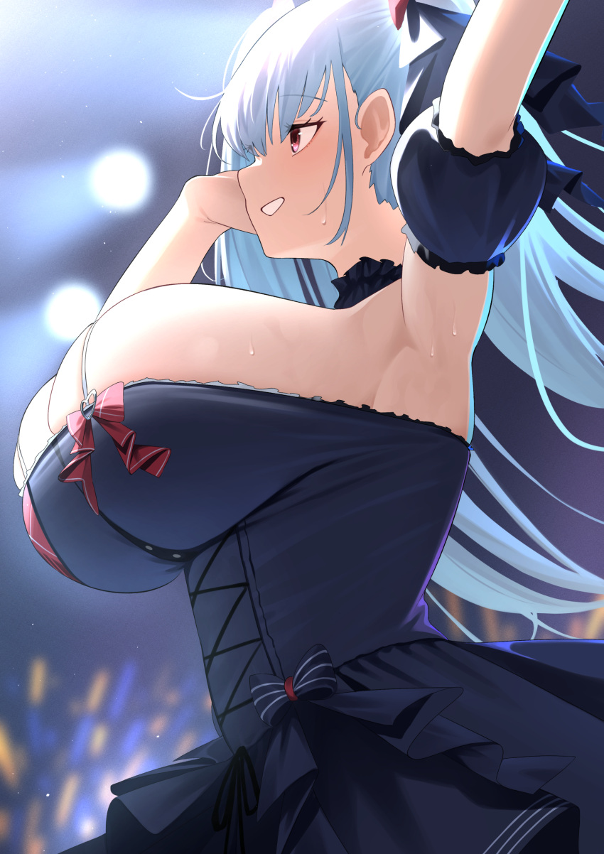 1girl absurdres arm_up armpits azur_lane black_dress black_ribbon breasts commentary concert dress formidable_(azur_lane) formidable_(muse)_(azur_lane) frilled_dress frills from_side glowstick hair_ribbon highres huge_breasts idol idol_clothes light_brown_hair official_alternate_costume open_mouth penlight_(glowstick) red_eyes red_ribbon ribbon skindentation smile solo sweat waka_(user_unuj5373)