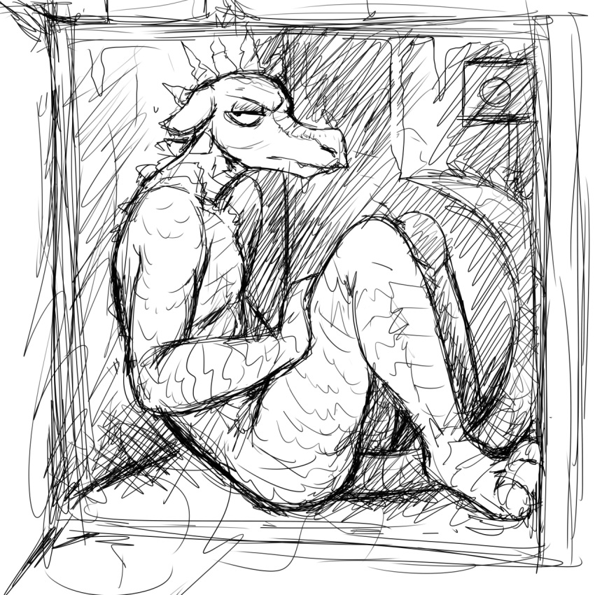 1:1 3_toes anthro black_and_white feet hi_res hladilnik male monochrome nude scalie simple_background sitting solo spikes tagme tail toes