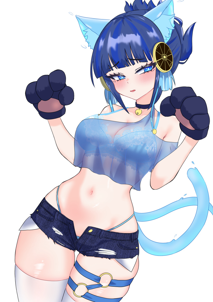 1girl absurdres animal_ears animal_hands bell bikini bikini_under_clothes blue_eyes blue_hair breasts cat_ears cat_tail crop_top denim denim_shorts duel_monster gloves highres midriff navel neck_bell ni-ni_the_mirror_mikanko oldsickkim paw_gloves see-through see-through_shirt short_hair shorts solo swimsuit tail thigh_strap yu-gi-oh!