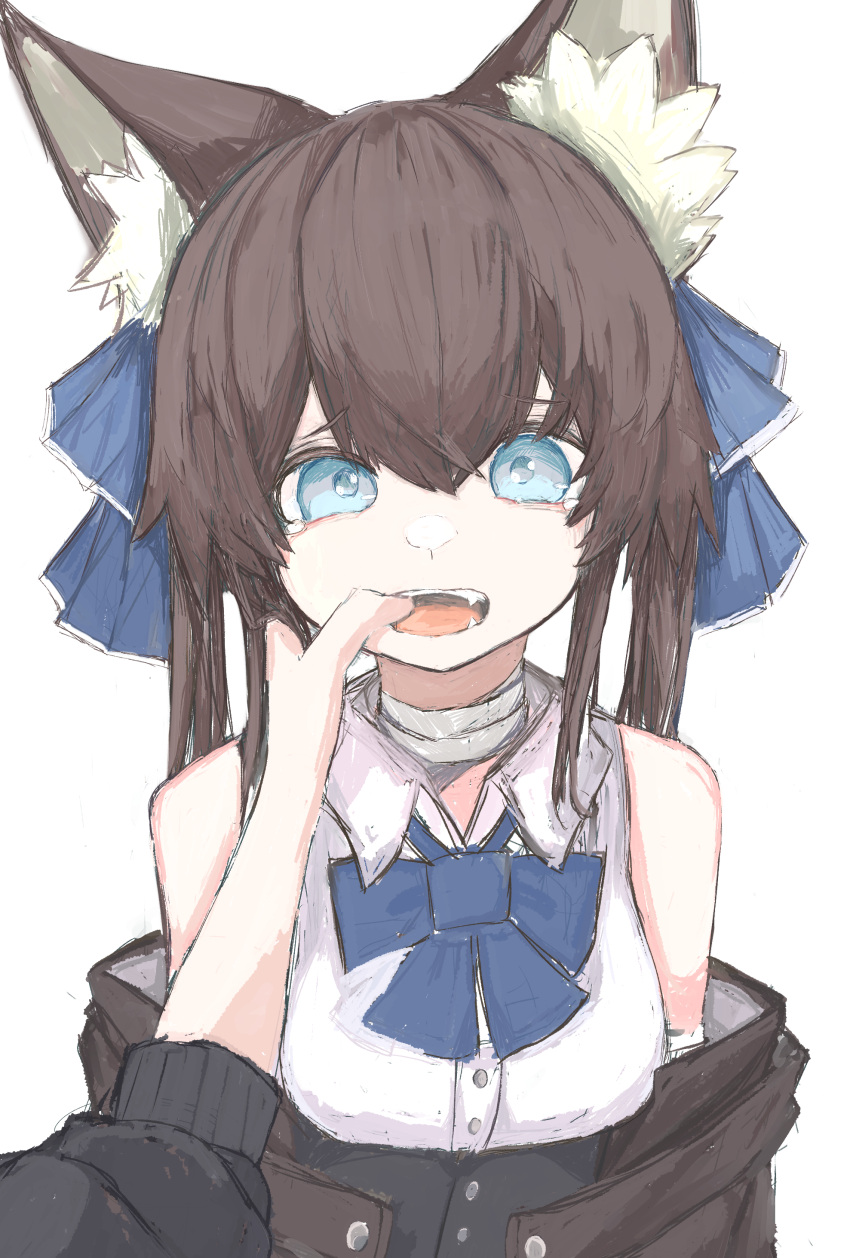 1girl 1other absurdres animal_ear_fluff animal_ears bandaged_neck bandages bare_shoulders blue_bow blue_eyes bow breasts brown_hair brown_jacket collared_shirt commentary_request dress_shirt fangs finger_in_another's_mouth hair_between_eyes hair_bow highres jacket long_hair long_sleeves looking_at_viewer medium_breasts off_shoulder open_clothes open_jacket open_mouth original out_of_frame piennamekuzi puffy_long_sleeves puffy_sleeves shirt simple_background sleeveless sleeveless_shirt solo_focus white_background white_shirt