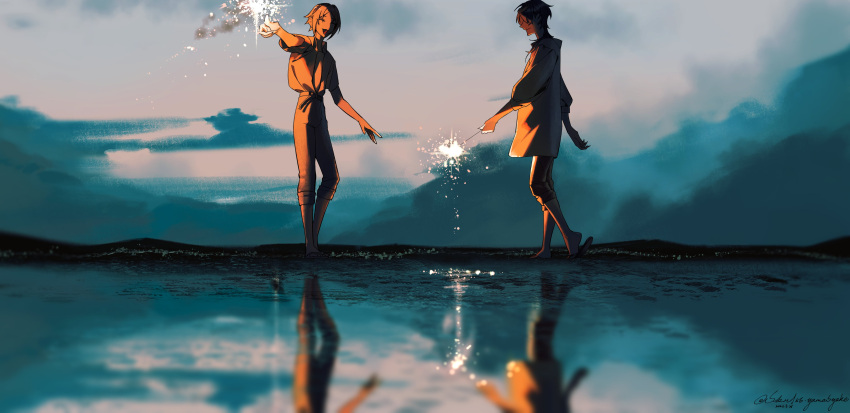 2boys absurdres fireworks golden_hour highres multiple_boys mysta_rias nijisanji reflection shu_yamino skn sparkler water