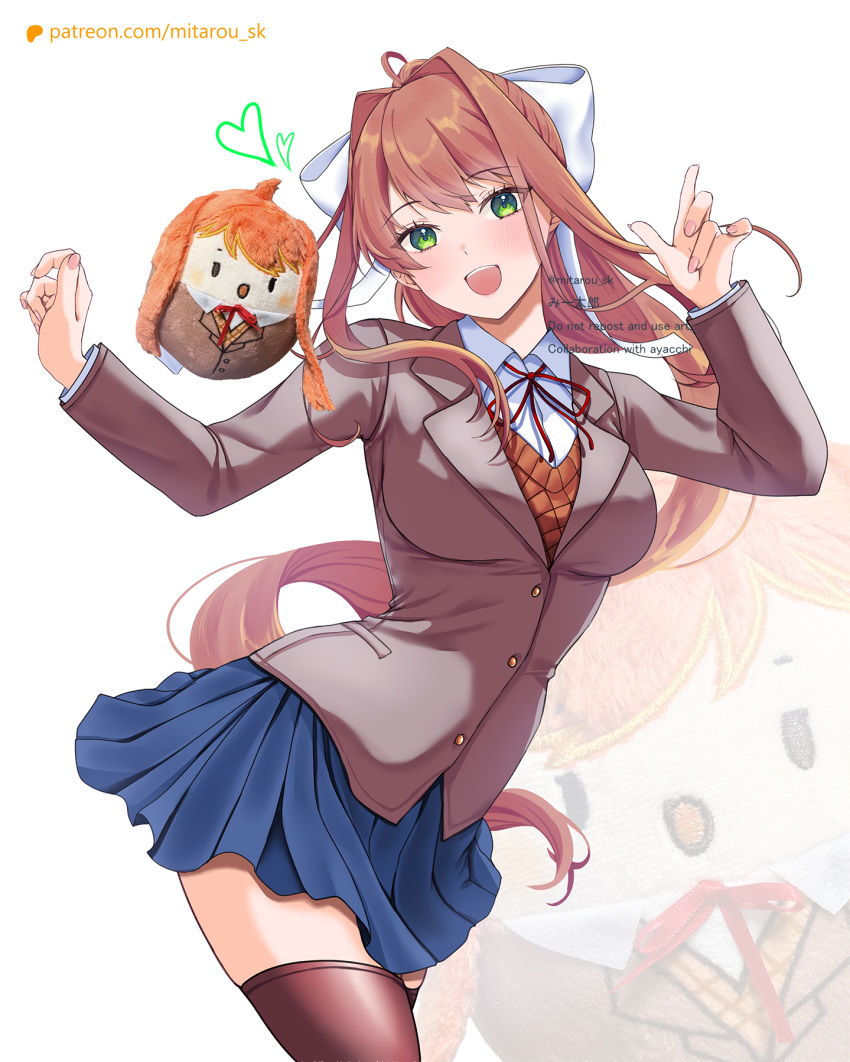 1girl blazer blue_skirt bow breasts brown_hair brown_thighhighs doki_doki_literature_club green_eyes hair_bow highres jacket long_hair long_sleeves looking_at_viewer medium_breasts mi_tarou0412 monika_(doki_doki_literature_club) open_mouth pleated_skirt ponytail ribbon school_uniform shirt sidelocks skirt smile solo thighhighs white_bow