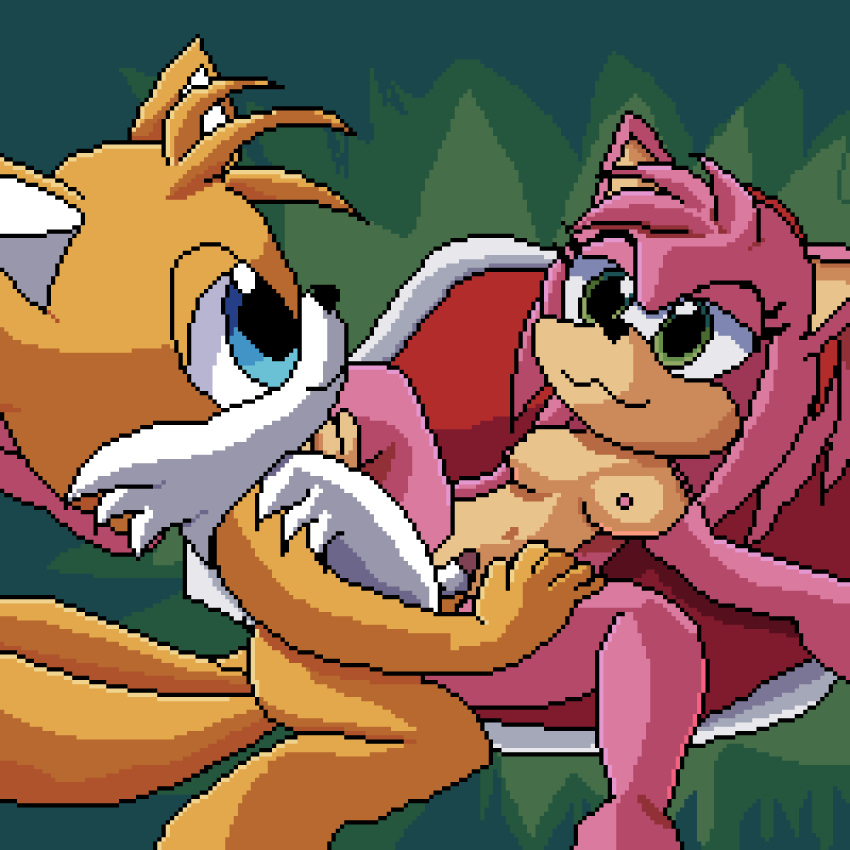 amy_rose animated anthro blue_eyes breasts canid canine duo eulipotyphlan female female_penetrated fox fur genitals green_eyes hair hedgehog hi_res lawealewd male male/female male_penetrating mammal miles_prower multi_tail navel nipples penetration penis pink_body pussy sega sex sonic_the_hedgehog_(series) tail vaginal vaginal_penetration