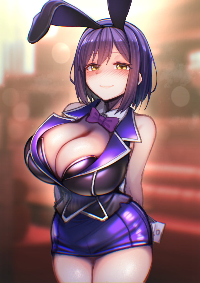 1girl absurdres animal_ears arms_behind_back blurry blurry_background bow bowtie breasts cleavage fake_animal_ears highres kagami_uekusa large_breasts looking_at_viewer miniskirt nijisanji playboy_bunny purple_bow purple_bowtie purple_hair rabbit_ears shizuka_rin short_hair skirt smile solo virtual_youtuber wrist_cuffs yellow_eyes