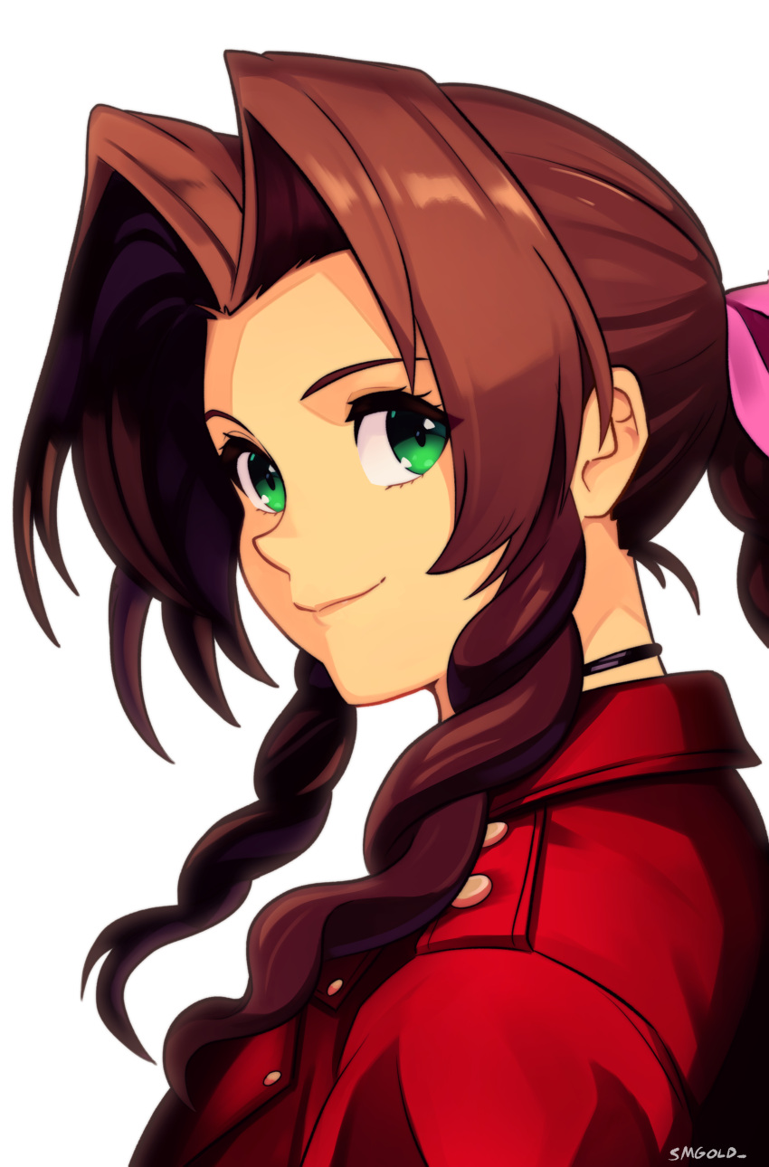 1girl absurdres aerith_gainsborough artist_name black_choker braid braided_ponytail brown_hair choker closed_mouth curly_sidelocks final_fantasy final_fantasy_vii final_fantasy_vii_rebirth final_fantasy_vii_remake green_eyes highres jacket long_hair looking_at_viewer parted_bangs red_jacket ribbon_choker sidelocks single_braid smgold smile solo upper_body white_background