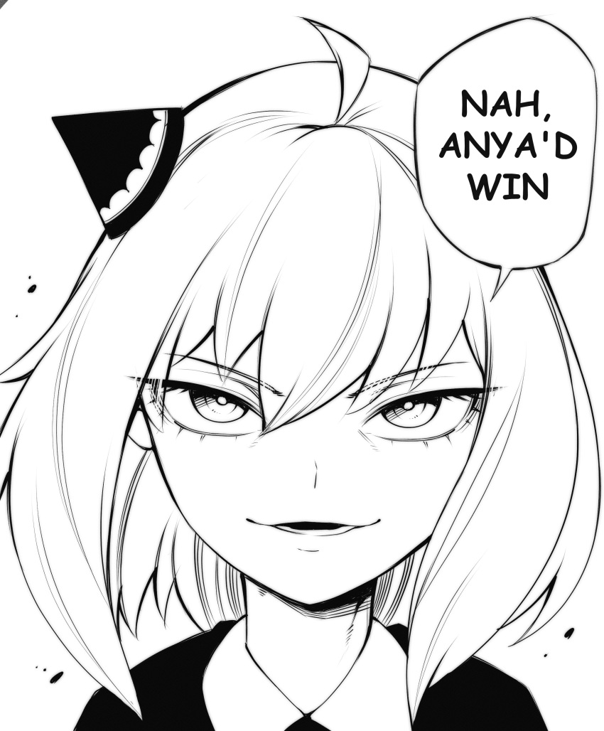 1girl absurdres ahoge anya_(spy_x_family) commentary english_text greyscale hairpods highres jujutsu_kaisen meme monochrome nah_i'd_win_(meme) parody portrait smile solo speedl00ver spy_x_family