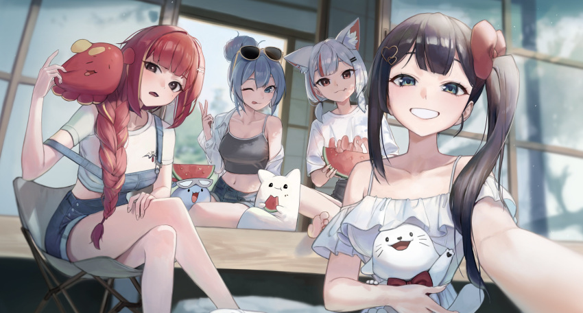 4girls :d :q :t absurdres akane_lize arahashi_tabi architecture bare_shoulders black_eyes blue_eyes blue_hair blue_overalls blue_shorts blunt_bangs blush bow brown_hair camisole cat chair chewing closed_mouth collarbone crop_top denim_overalls dress east_asian_architecture eyewear_on_head feet_out_of_frame food fruit grey_camisole grin hair_bow hair_bun hair_ornament hair_over_shoulder hairpin head_tilt heart heart_hair_ornament highres holding holding_food holding_fruit laza_(0ldsong) leaning_to_the_side long_hair looking_at_viewer low-braided_long_hair low-tied_long_hair midriff multicolored_hair multiple_girls navel neneko_mashiro off-shoulder_dress off_shoulder one_eye_closed open_mouth outdoors overalls red_bow red_eyes red_hair selfie shirayuki_hina shirt short_sleeves shorts side_ponytail sitting smile stellive stomach strap_slip streaked_hair sunglasses tongue tongue_out virtual_youtuber watermelon white_dress white_hair white_shirt
