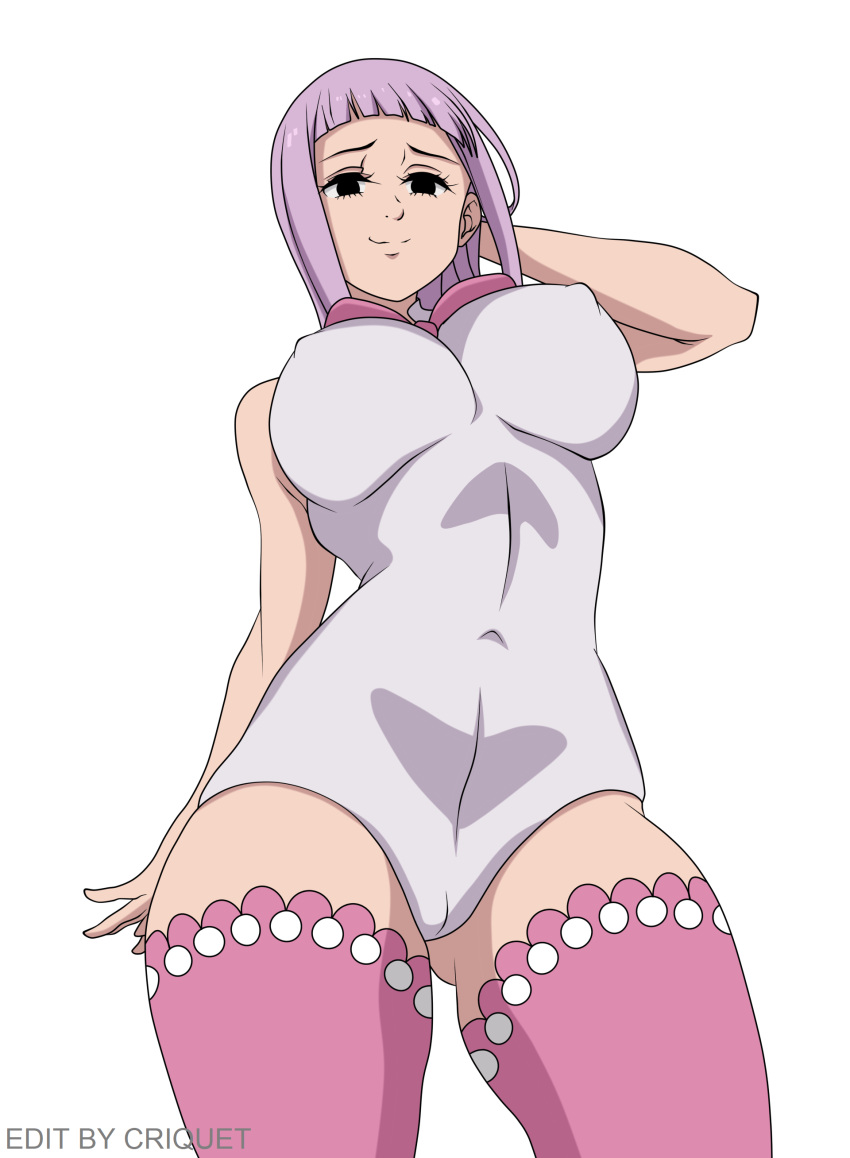 1girl absurdres arm_behind_head artist_request ass_visible_through_thighs black_eyes blunt_bangs breasts cameltoe covered_navel covered_nipples curvy from_below highres large_breasts leotard long_hair looking_at_viewer looking_down melascula nanatsu_no_taizai official_art pink_thighhighs purple_hair smile smug solo thighhighs white_background