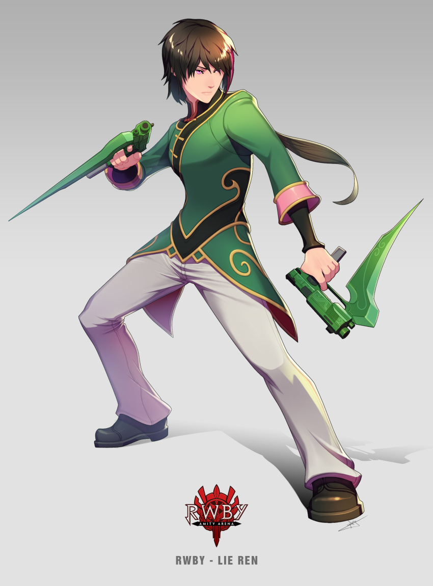 1boy absurdres black_hair brown_footwear character_name chinese_clothes closed_mouth copyright_name dual_wielding english_commentary green_jacket grey_background gun handgun highres holding holding_gun holding_weapon jacket lie_ren long_hair long_sleeves m1911 male_focus pants pink_eyes ponytail rwby standing uyalago weapon white_pants