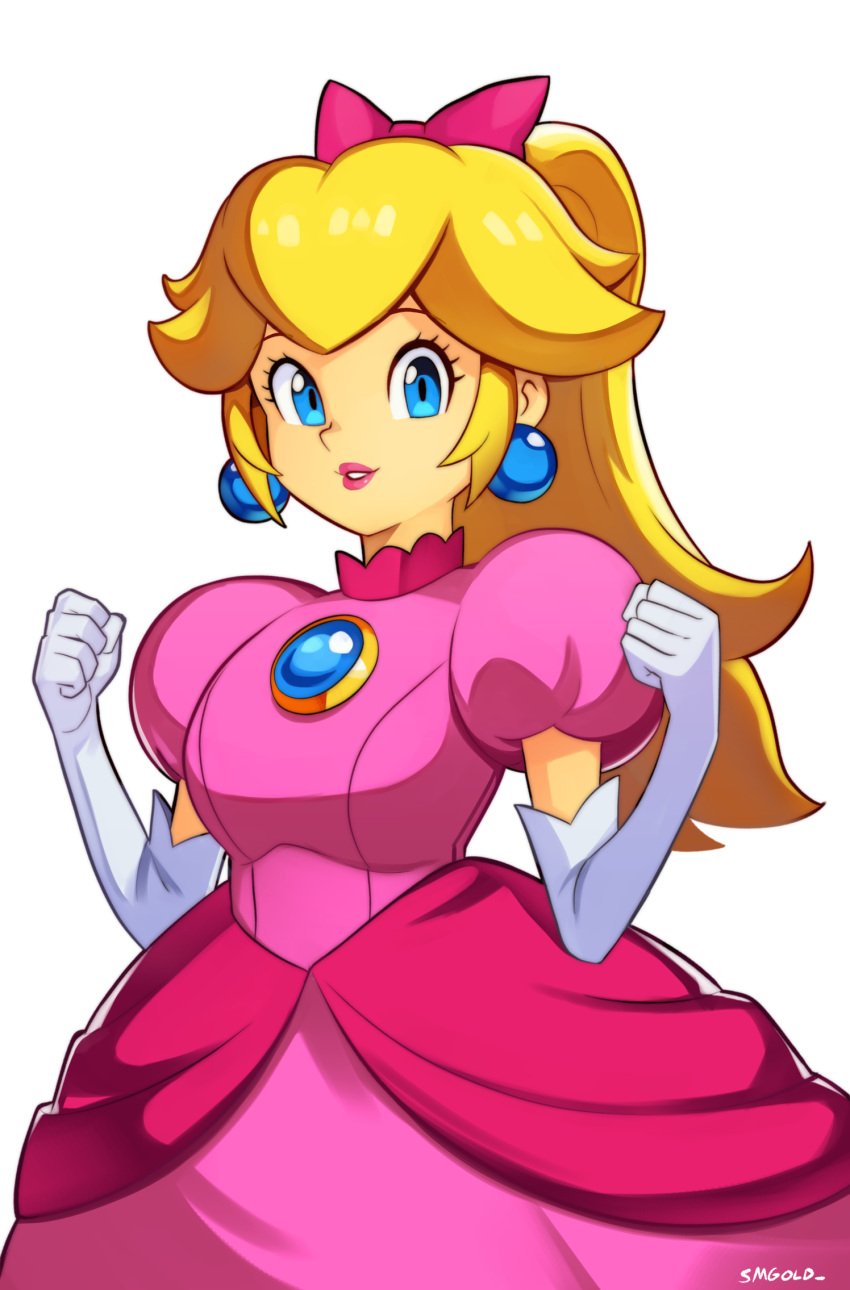 1girl artist_name blonde_hair blue_eyes bow breasts brooch clenched_hands dress earrings elbow_gloves gloves hair_bow high_ponytail highres jewelry long_hair mario_(series) medium_breasts pink_bow pink_dress pink_lips princess_peach princess_peach:_showtime! short_hair simple_background smgold solo sphere_earrings white_background white_gloves