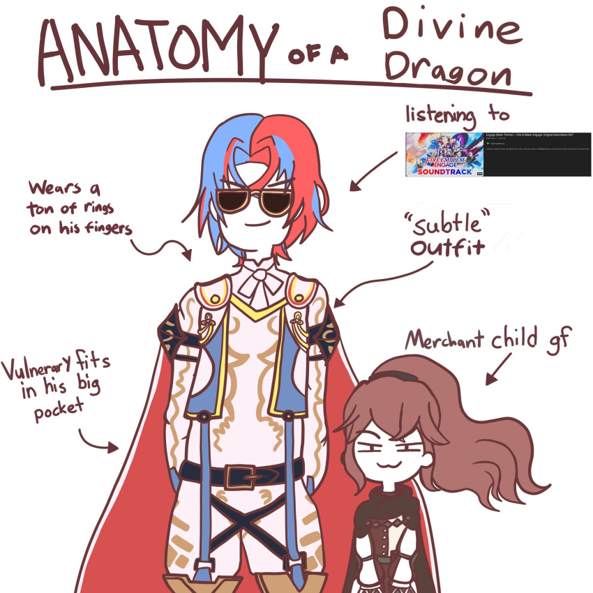 1boy 1girl :3 absurdres alear_(fire_emblem) alear_(male)_(fire_emblem) anatomy_of_a_gamer_(meme) anna_(fire_emblem) arms_behind_back blue_hair cape closed_mouth crossed_bangs dress english_commentary english_text enigmaticexalt fire_emblem fire_emblem_engage highres long_hair looking_at_viewer meme multicolored_hair ponytail red_cape red_hair short_hair smile sunglasses two-tone_hair white_background