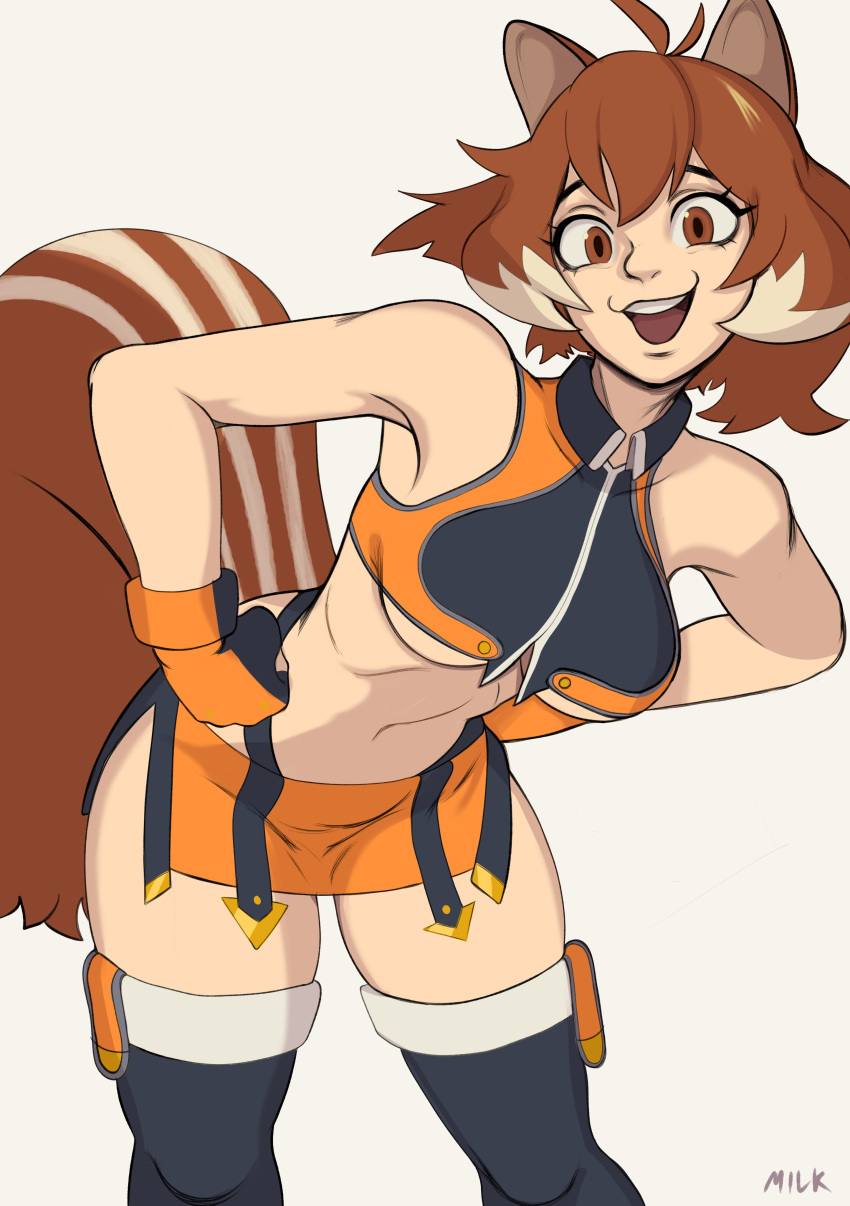 absurd_res ahoge animal_ears animal_humanoid animal_tail arc_system_works big_breasts big_tail blazblue blue_clothing blue_legwear blue_thigh_highs blue_topwear bottomwear breasts brown_body brown_eyes brown_fur brown_hair clothing dipstick_hair eyelashes female fur gloves grey_background hair hand_on_hip handwear hi_res humanoid legwear looking_at_viewer makoto_nanaya mammal mammal_humanoid milkmountain navel open_mouth open_smile orange_bottomwear orange_clothing orange_gloves orange_handwear orange_skirt orange_topwear rodent rodent_humanoid sciurid sciurid_humanoid simple_background skirt smile solo tail tan_body tan_hair tan_skin tan_stripes thick_thighs thigh_highs topwear tree_squirrel_humanoid under_boob wide_hips