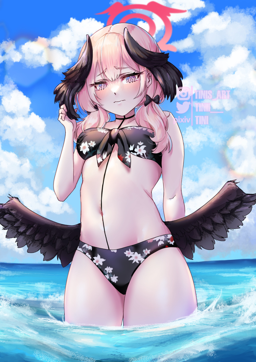1girl absurdres arm_behind_back bikini black_bikini black_bow blue_archive blush bow breasts day embarrassed feathered_wings floral_print_bikini flower from_below front-tie_bikini_top front-tie_top frown hair_between_eyes hair_bow halo hand_up head_wings highres hip_focus koharu_(blue_archive) koharu_(swimsuit)_(blue_archive) long_hair looking_at_viewer looking_down navel nervous ocean outdoors pink_eyes pink_hair pink_halo small_breasts solo swimsuit tini twintails wading wavy_mouth white_flower wings