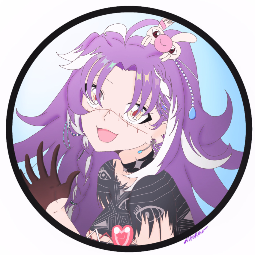 1girl ahoge black_choker black_shirt braid breasts choker close-up hair_over_eyes highres hitoka jared_(michi_mochievee) long_hair michi_mochievee multicolored_hair non-web_source purple_hair shirt solo stitched_face stitches streaked_hair torn_clothes virtual_youtuber vshojo white_eyes white_hair