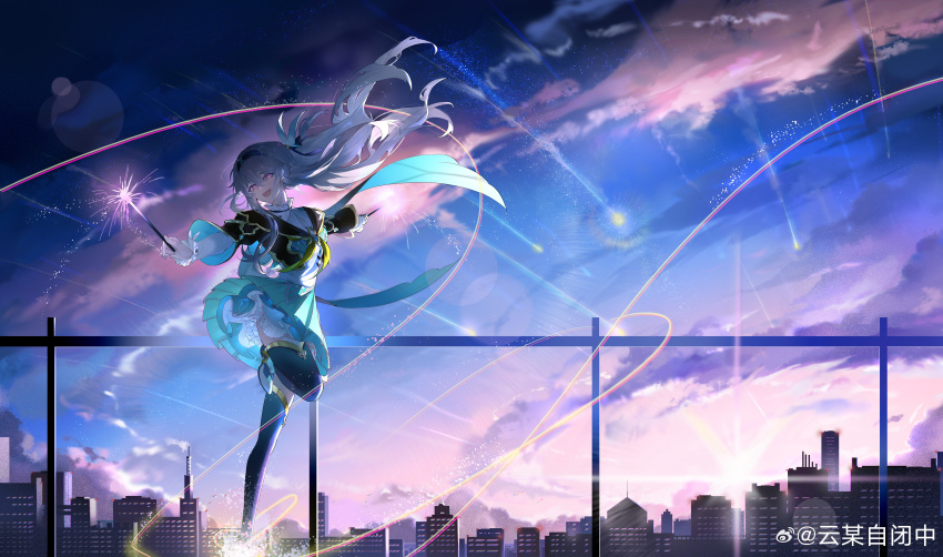 1girl absurdres aqua_skirt black_hairband black_jacket cityscape collared_shirt cropped_jacket firefly_(honkai:_star_rail) floating_hair grey_hair hairband highres holding_fireworks honkai:_star_rail honkai_(series) jacket long_hair long_sleeves neckerchief night night_sky open_mouth outstretched_arms shirt shooting_star skirt sky smile solo thighhighs two-tone_eyes yellow_neckerchief yunmouzibizhong