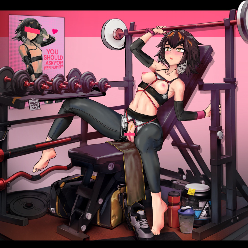 1girl arknights bar_censor barbell bare_shoulders barefoot bench_press bird_girl black_leggings blush bound breasts breasts_out brown_hair censored commentary_request compression_sleeve crop_top cup dumbbell english_text feather_hair female_pubic_hair hair_between_eyes highres jar leggings leggings_under_shorts midriff multicolored_hair navel nipples official_alternate_costume open_mouth plume_(arknights) plume_(easy_time)_(arknights) pubic_feathers pubic_hair pussy shibari shibari_over_clothes shoes short_hair small_breasts solo sports_bra unworn_shoes white_hair white_sports_bra yellow_eyes zarathuta