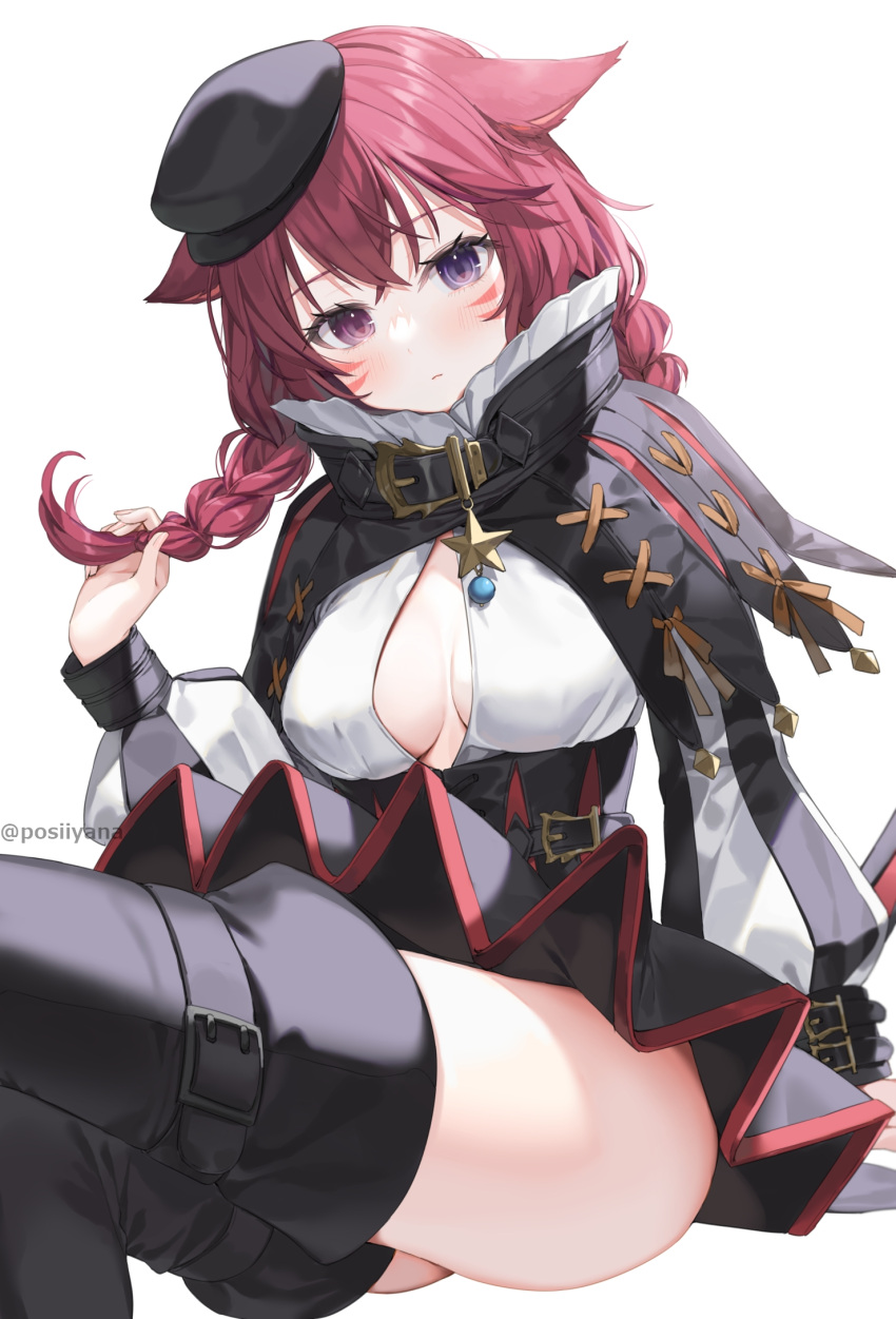1girl animal_ears boots braid breasts capelet cat_ears facial_mark final_fantasy final_fantasy_xiv hat heterochromia highres long_hair looking_at_viewer medium_breasts miqo'te purple_eyes red_eyes red_hair sitting solo tail thigh_boots twin_braids warrior_of_light_(ff14) whisker_markings white_background yana_mori