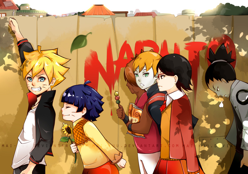 3boys 3girls absurdres ahoge akimichi_chouchou dark_skin glasses highres leaf mai-kuu multiple_boys multiple_girls nara_shikadai naruto naruto:_the_last naruto_shippuuden pale_skin school_uniform sunflower topknot uchiha_sarada uzumaki_boruto uzumaki_himawari walking whiskers woodden_fence wooden_fence yamanaka_inojin