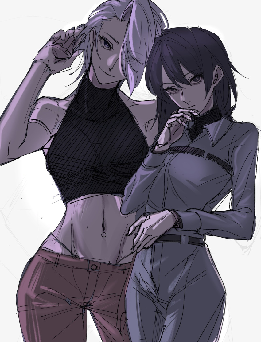 2girls bare_arms black_hair black_shirt chest_strap chief_(path_to_nowhere) closed_mouth collared_shirt commentary_request crop_top expressionless eyes_visible_through_hair female_chief_(path_to_nowhere) grey_background grey_pants grey_shirt hand_up highres long_hair long_sleeves looking_at_viewer medium_hair multiple_girls navel okkoooome pants path_to_nowhere red_pants shirt simple_background sleeveless sleeveless_shirt smile toned_female white_hair zoya_(path_to_nowhere)