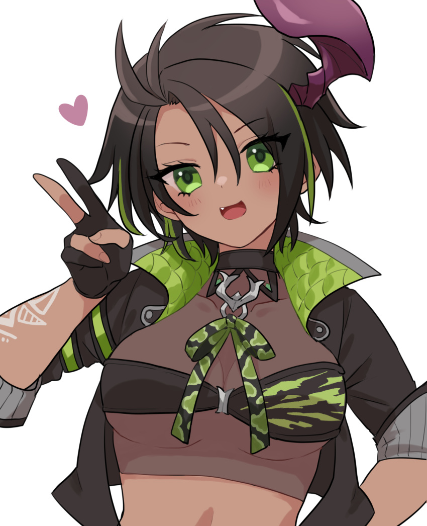 1girl aragami_oga black_choker black_hair blush breasts choker cleavage collarbone commentary_request cropped_jacket dark-skinned_female dark_skin eyelashes fang genderswap genderswap_(mtf) gloves green_eyes green_hair heart high_collar highres holostars horns looking_at_viewer mioto_(tsubsq_m) multicolored_hair open_mouth partially_fingerless_gloves see-through see-through_cleavage see-through_shirt short_hair single_horn solo streaked_hair underboob upper_body v virtual_youtuber white_background