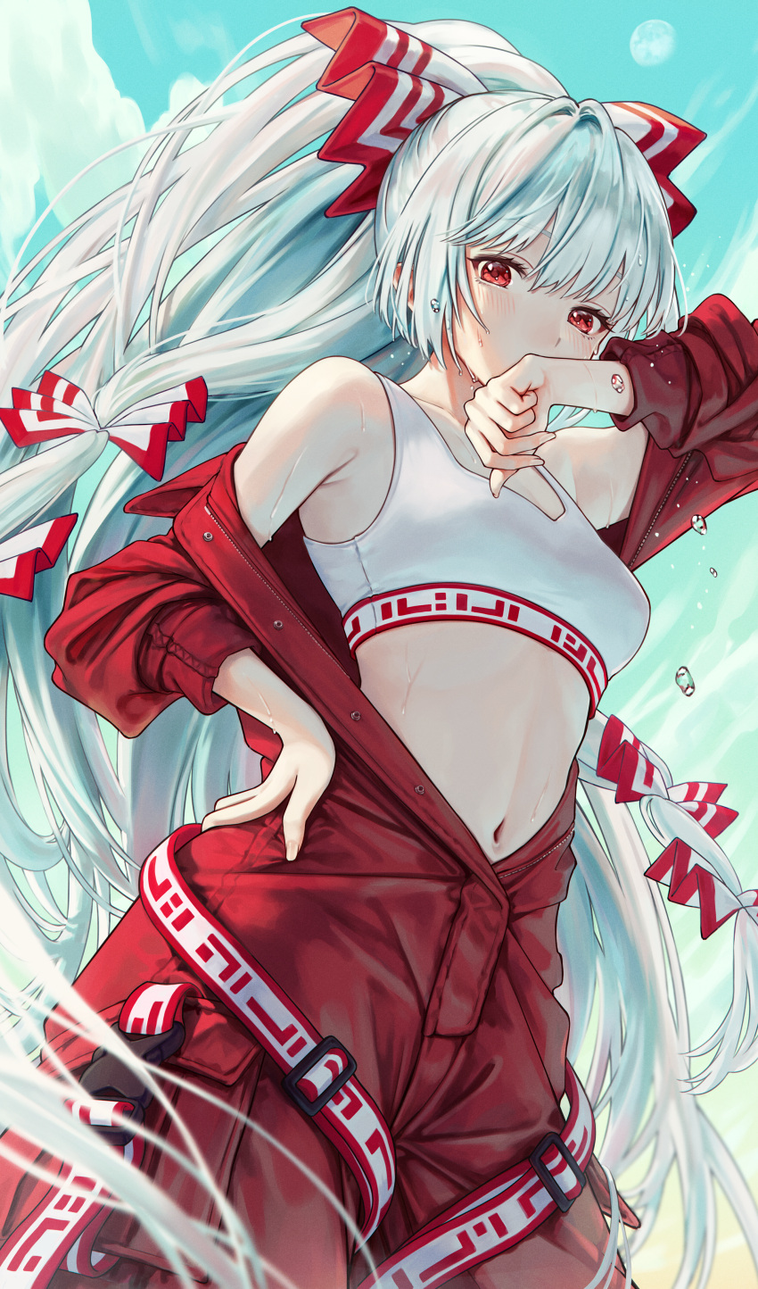 1girl absurdres adapted_costume bow cloud cloudy_sky from_below fujiwara_no_mokou hair_bow highres jumpsuit long_hair looking_at_viewer midriff moon multiple_hair_bows red_bow red_eyes red_jumpsuit sky solo sports_bra stomach sweat torinari_(dtvisu) touhou very_long_hair white_hair