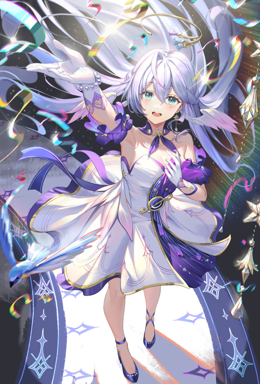 1girl absurdres al_guang arm_up bare_shoulders blue_footwear bracelet breasts cleavage commentary_request confetti detached_sleeves dress floating_hair full_body green_eyes grey_hair hair_between_eyes highres honkai:_star_rail honkai_(series) jewelry long_hair looking_at_viewer musical_note_ornament neckerchief open_mouth pearl_bracelet purple_dress purple_neckerchief purple_sleeves robin_(honkai:_star_rail) shoes smile solo standing strapless strapless_dress very_long_hair white_dress