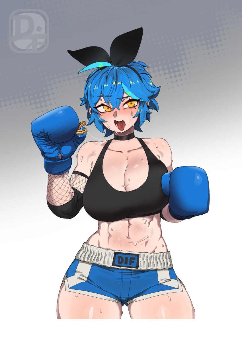 1girl after_battle ahoge aqua_hair bare_shoulders black_choker black_sports_bra blue_hair blush boxing_gloves boxing_shorts breasts bruise_on_stomach character_name choker cleavage collarbone cowboy_shot dif_(difman) difman dyed_ahoge exhausted fang fishnets gradient_background highres huge_breasts looking_at_viewer medium_hair midriff mouth_guard navel original saliva shiny_skin shorts signature simple_background solo sports_bra sweat thick_thighs thighs tongue tongue_out white_background yellow_eyes