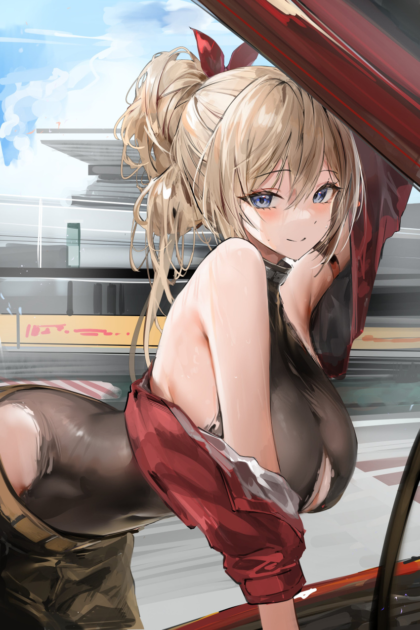 1girl absurdres armlet bare_shoulders belt black_pants blonde_hair blue_eyes bodysuit bow breasts car cleavage_cutout clothing_cutout cloud cropped_jacket english_commentary hair_between_eyes hair_bow hair_up highres huge_breasts jacket leaning_forward lillly lillly_(character) looking_at_viewer motor_vehicle off_shoulder open_hood original outdoors pants racetrack red_bow red_jacket sidelocks sky smile solo standing yellow_belt