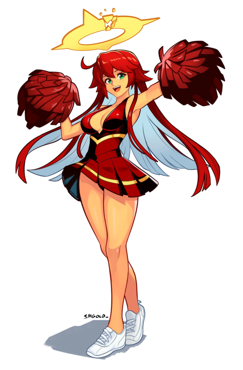1girl absurdres breasts cheerleader full_body green_eyes guilty_gear guilty_gear_strive hair_between_eyes halo highres holding holding_pom_poms jack-o'_valentine large_breasts long_hair looking_at_viewer multicolored_hair open_mouth pom_pom_(cheerleading) red_hair shoes simple_background skirt smgold smile solo spiked_halo standing two-tone_hair white_background white_hair