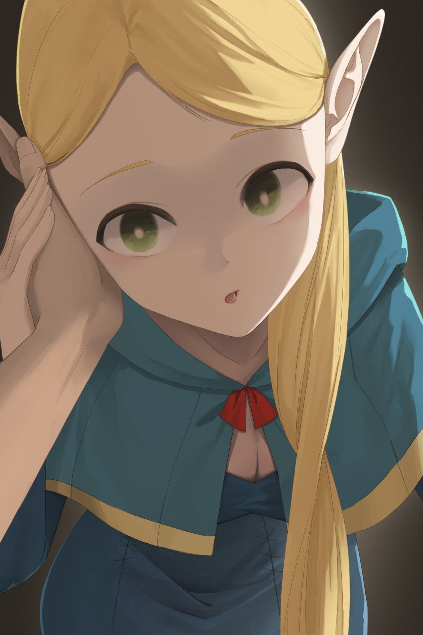 1girl 1other absurdres blonde_hair blue_capelet blue_robe breasts capelet cleavage dungeon_meshi elf green_eyes highres hood hooded_capelet long_hair marcille_donato pointy_ears pov qazplm951 robe