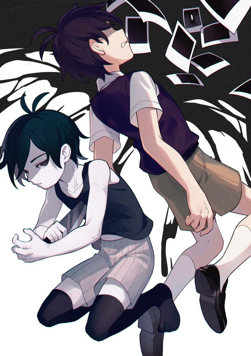 2boys absurdres black_eyes black_footwear black_hair black_sweater_vest black_tank_top black_thighhighs brick_st brown_shorts closed_mouth collared_shirt colored_skin expressionless faceless faceless_male highres holding holding_knife knife multiple_boys omori omori_(omori) parted_lips photo_(object) shirt short_sleeves shorts socks something_(omori) spoilers sunny_(omori) sweater_vest tank_top thighhighs white_shirt white_skin white_socks