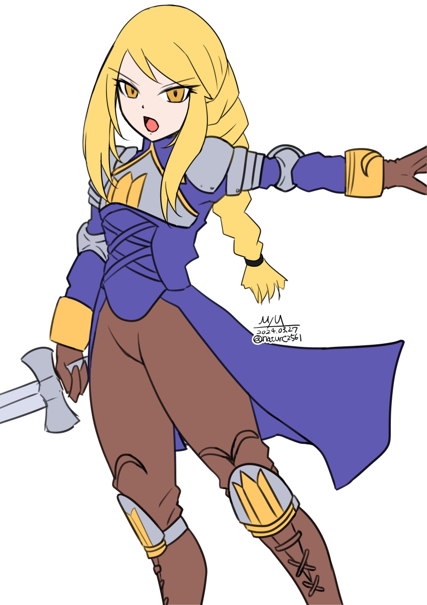 1girl absurdres agrias_oaks armor blonde_hair braid brown_gloves brown_pants dated elbow_pads feet_out_of_frame final_fantasy final_fantasy_tactics gloves highres holding holding_sword holding_weapon knee_pads myu_(nature256) open_mouth pants shoulder_armor signature solo sword twitter_username upper_body weapon white_background yellow_eyes