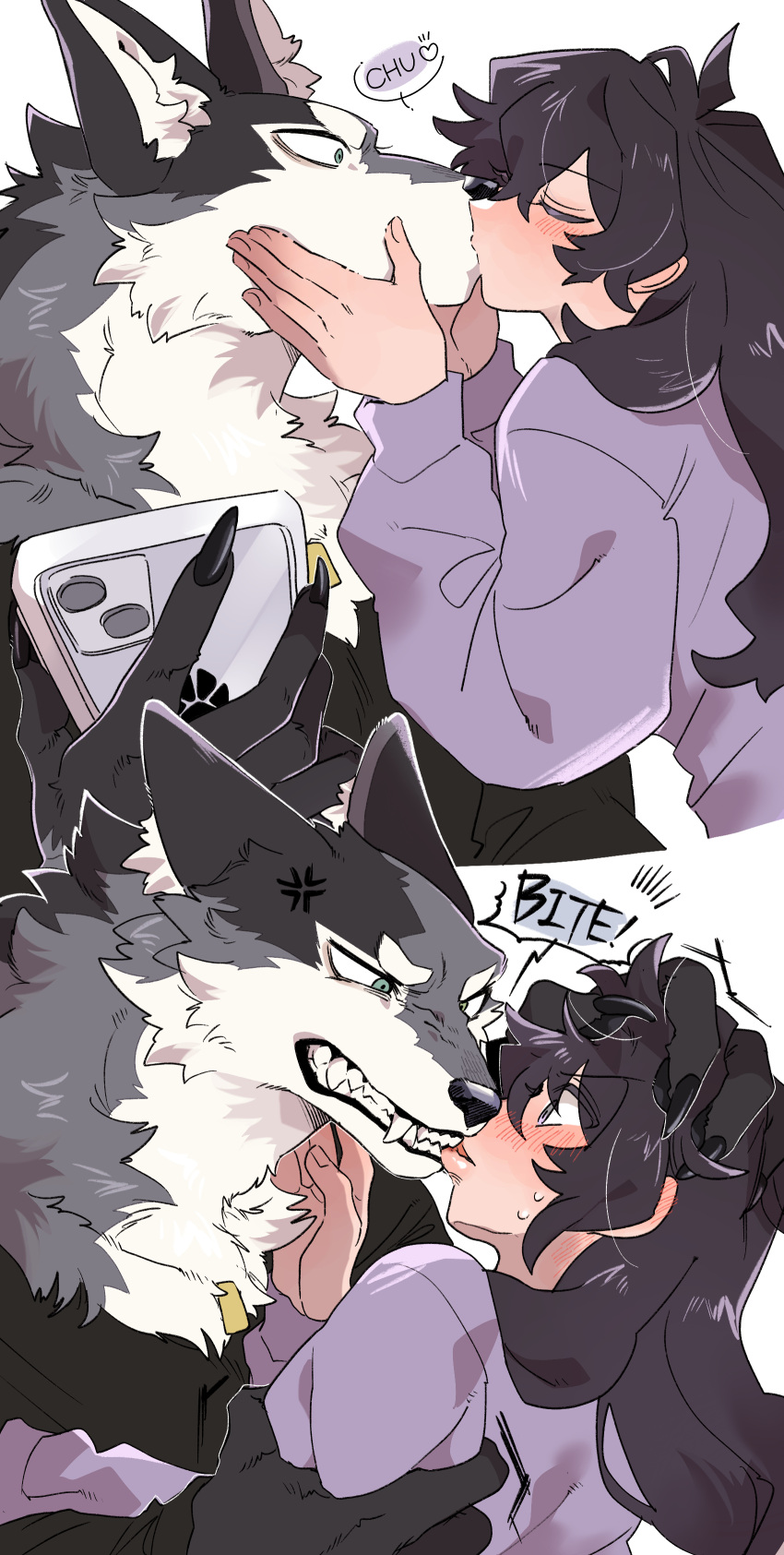 1boy 1girl absurdres animal_ear_fluff animal_ears arm_grab biting biting_another's_lip black_hair black_shirt blush body_fur claws clenched_teeth closed_eyes commentary_request constricted_pupils dog_tags english_text furry furry_male furry_with_non-furry green_eyes grey_fur hand_on_another's_head hand_up hands_on_another's_face hetero highres holding holding_phone interspecies kiss long_hair long_sleeves looking_at_another original phone purple_sweater rata_(norahasu) shirt simple_background sweater teeth upper_body white_background white_fur wolf_boy wolf_ears