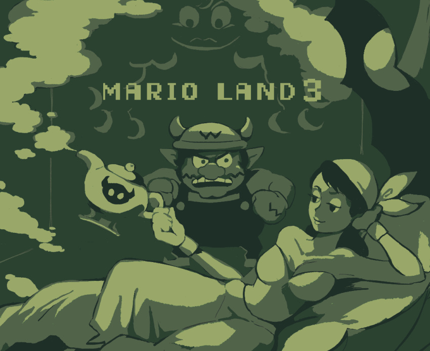 1girl 2boys bandana big_nose captain_syrup facial_hair fake_horns genie_(wario_land) gloves helmet horned_helmet horns long_hair lying monochrome multiple_boys mustache oil_lamp on_side overalls pointy_ears rinabee_(rinabele0120) smile smoke wario wario_land wario_land:_super_mario_land_3