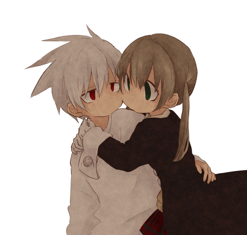 1boy 1girl chibi gloves green_eyes heads_together hug koakana-desu long_sleeves maka_albarn plaid plaid_skirt red_eyes school_uniform shirt skirt soul_eater soul_evans twintails white_background white_gloves white_hair white_shirt