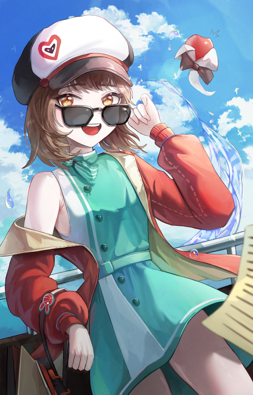 1girl :d absurdres adjusting_eyewear against_railing apple apple_(reverse:1999) aqua_dress aqua_neckerchief backpack bag black_bow black_bowtie blue_sky bolcham bow bowtie brown_hair cabbie_hat cloud coat cowboy_shot day dress food fruit hand_on_eyewear hand_up hat highres holding holding_bag long_sleeves looking_at_viewer looking_over_eyewear neckerchief open_clothes open_coat orange_eyes paper railing red_coat regulus_(reverse:1999) reverse:1999 short_dress short_hair single_bare_shoulder single_off_shoulder sky sleeveless sleeveless_dress smile solo sunglasses teeth traditional_bowtie upper_teeth_only water