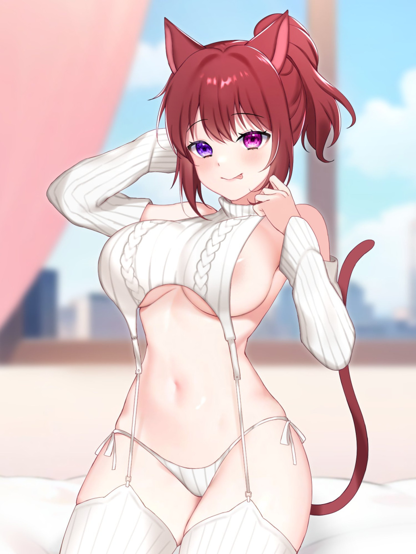 1girl :p animal_ears breasts cat_ears cleavage_cutout closed_mouth clothing_cutout cropped_sweater detached_sleeves dress fyirkingdomsis heterochromia highres indie_virtual_youtuber large_breasts long_sleeves meme_attire navel panties pink_eyes pinky_mikaori purple_eyes red_hair smile stomach sweater thai_commentary thighhighs tongue tongue_out turtleneck turtleneck_sweater underwear virgin_destroyer_sweater virtual_youtuber white_panties white_sleeves white_sweater white_thighhighs