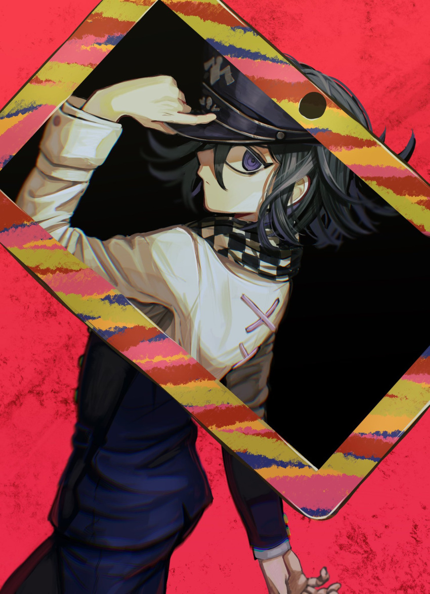 1boy arm_belt black_jacket black_pants black_scarf black_sleeves buttons checkered_clothes checkered_scarf chromatic_aberration closed_mouth cowboy_shot cross-laced_jacket danganronpa_(series) danganronpa_v3:_killing_harmony expressionless foca_(sello20582612) from_behind gakuran hand_on_headwear hat highres jacket layered_sleeves long_sleeves looking_at_viewer looking_back oma_kokichi palms pants peaked_cap purple_eyes purple_hair purple_hat red_background revealing_layer scarf school_uniform short_hair simple_background solo tablet_pc two-tone_scarf white_jacket white_scarf white_sleeves